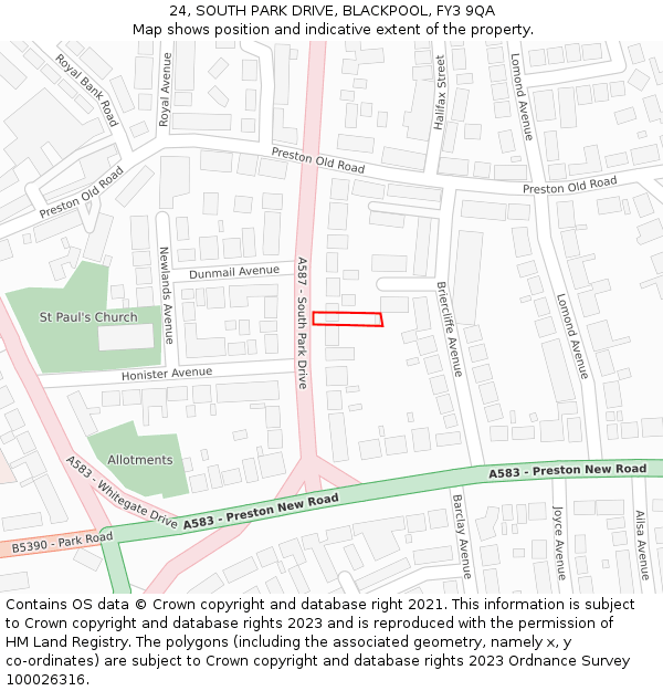 24, SOUTH PARK DRIVE, BLACKPOOL, FY3 9QA: Location map and indicative extent of plot