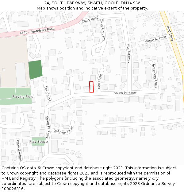 24, SOUTH PARKWAY, SNAITH, GOOLE, DN14 9JW: Location map and indicative extent of plot