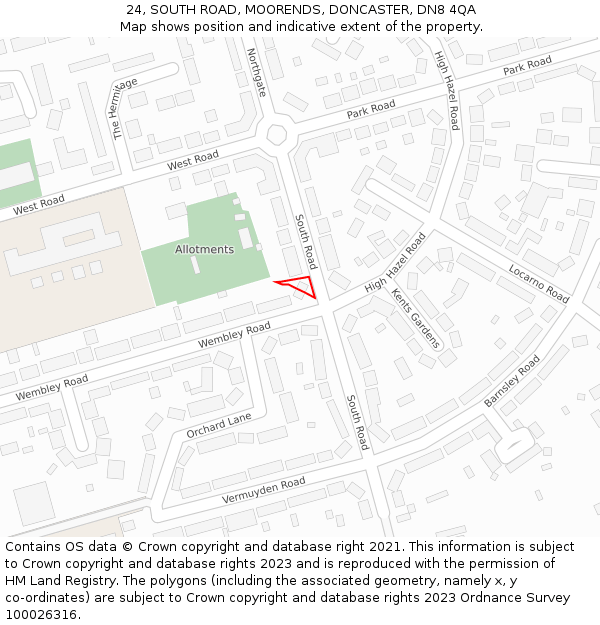 24, SOUTH ROAD, MOORENDS, DONCASTER, DN8 4QA: Location map and indicative extent of plot
