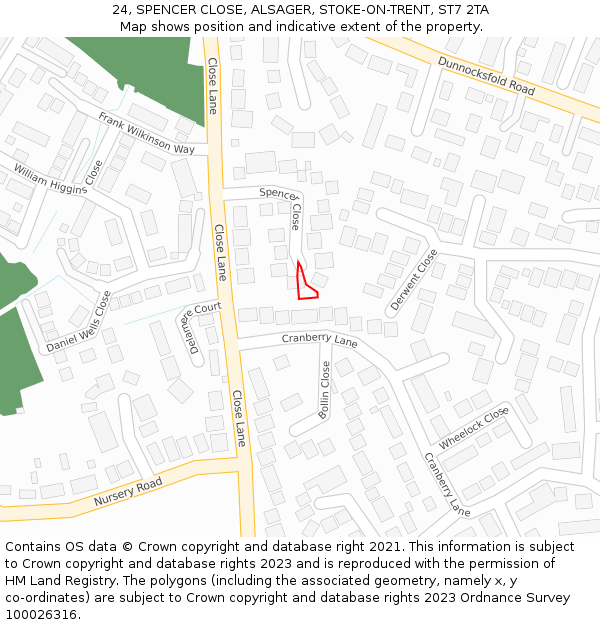 24, SPENCER CLOSE, ALSAGER, STOKE-ON-TRENT, ST7 2TA: Location map and indicative extent of plot