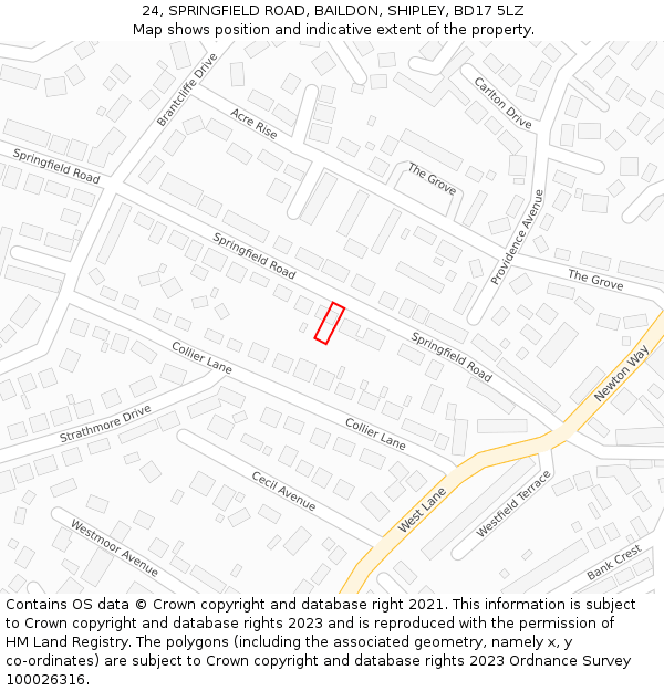 24, SPRINGFIELD ROAD, BAILDON, SHIPLEY, BD17 5LZ: Location map and indicative extent of plot