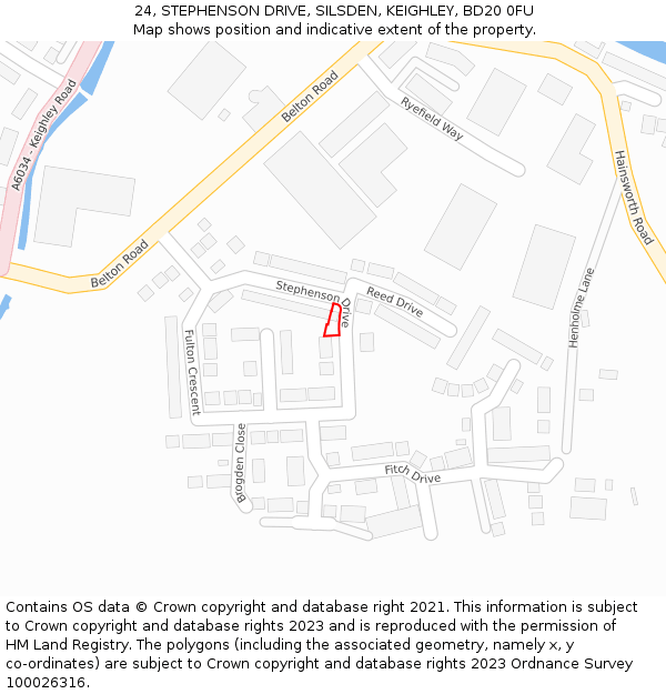 24, STEPHENSON DRIVE, SILSDEN, KEIGHLEY, BD20 0FU: Location map and indicative extent of plot
