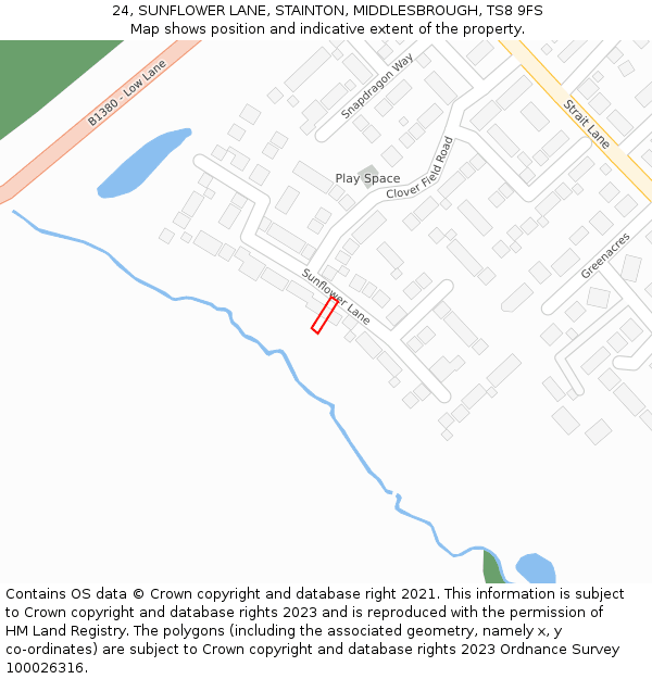 24, SUNFLOWER LANE, STAINTON, MIDDLESBROUGH, TS8 9FS: Location map and indicative extent of plot
