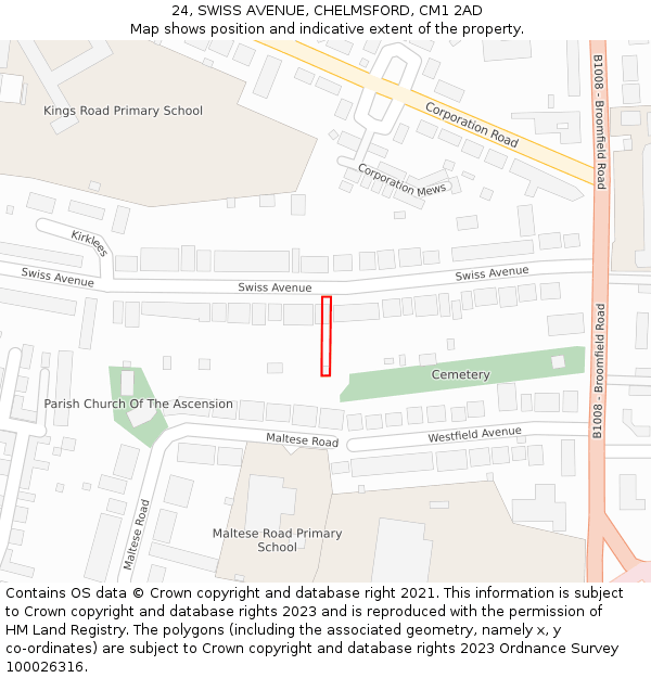 24, SWISS AVENUE, CHELMSFORD, CM1 2AD: Location map and indicative extent of plot