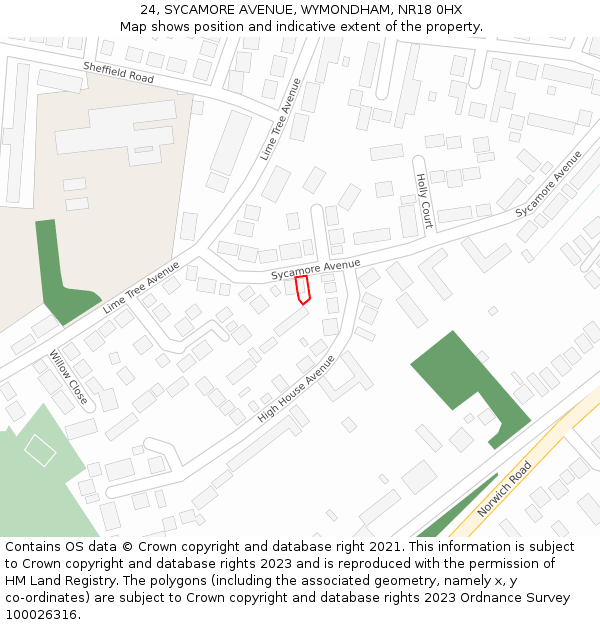 24, SYCAMORE AVENUE, WYMONDHAM, NR18 0HX: Location map and indicative extent of plot