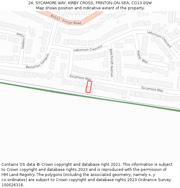 24, SYCAMORE WAY, KIRBY CROSS, FRINTON-ON-SEA, CO13 0QW: Location map and indicative extent of plot