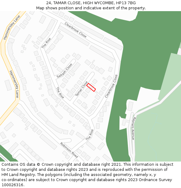 24, TAMAR CLOSE, HIGH WYCOMBE, HP13 7BG: Location map and indicative extent of plot