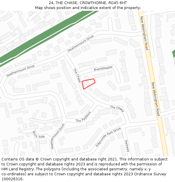 24, THE CHASE, CROWTHORNE, RG45 6HT: Location map and indicative extent of plot