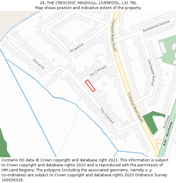 24, THE CRESCENT, MAGHULL, LIVERPOOL, L31 7BL: Location map and indicative extent of plot