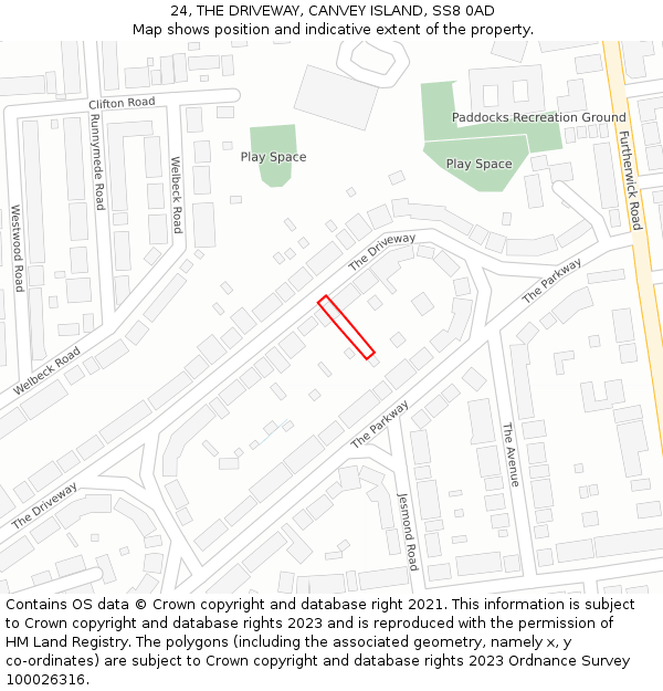 24, THE DRIVEWAY, CANVEY ISLAND, SS8 0AD: Location map and indicative extent of plot