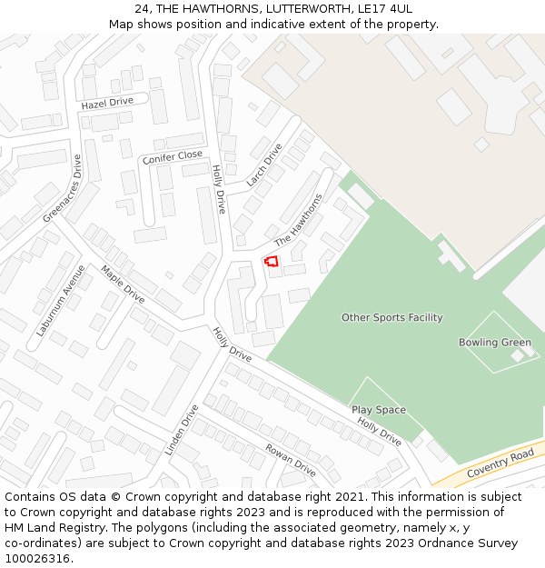 24, THE HAWTHORNS, LUTTERWORTH, LE17 4UL: Location map and indicative extent of plot