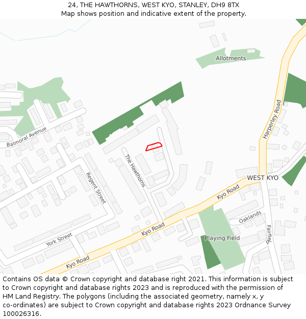 24, THE HAWTHORNS, WEST KYO, STANLEY, DH9 8TX: Location map and indicative extent of plot