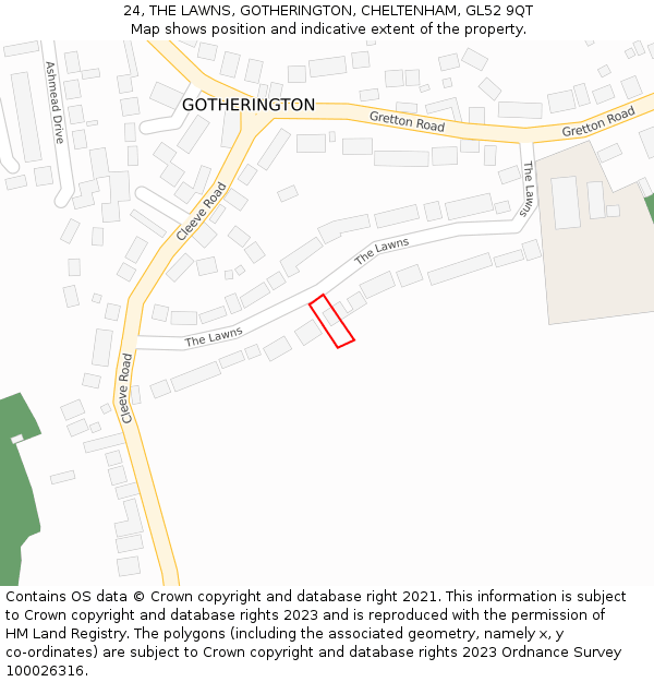 24, THE LAWNS, GOTHERINGTON, CHELTENHAM, GL52 9QT: Location map and indicative extent of plot
