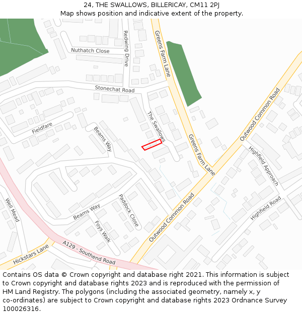 24, THE SWALLOWS, BILLERICAY, CM11 2PJ: Location map and indicative extent of plot