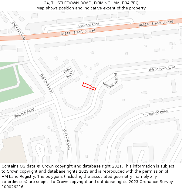24, THISTLEDOWN ROAD, BIRMINGHAM, B34 7EQ: Location map and indicative extent of plot