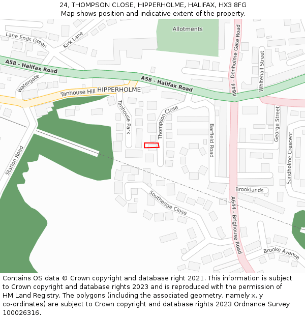 24, THOMPSON CLOSE, HIPPERHOLME, HALIFAX, HX3 8FG: Location map and indicative extent of plot