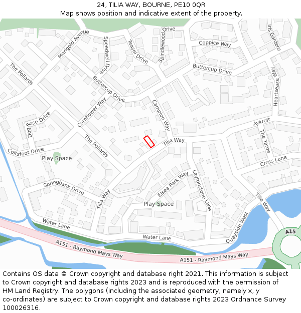 24, TILIA WAY, BOURNE, PE10 0QR: Location map and indicative extent of plot