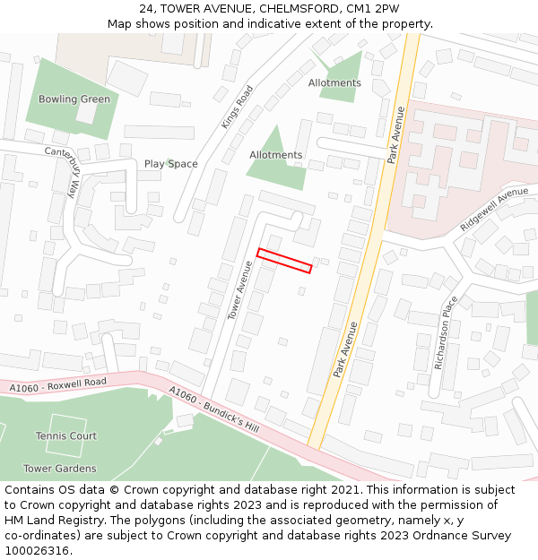 24, TOWER AVENUE, CHELMSFORD, CM1 2PW: Location map and indicative extent of plot