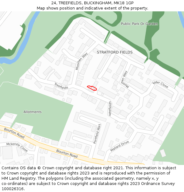 24, TREEFIELDS, BUCKINGHAM, MK18 1GP: Location map and indicative extent of plot