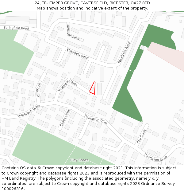 24, TRUEMPER GROVE, CAVERSFIELD, BICESTER, OX27 8FD: Location map and indicative extent of plot