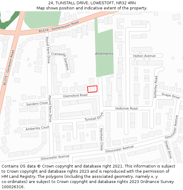 24, TUNSTALL DRIVE, LOWESTOFT, NR32 4RN: Location map and indicative extent of plot