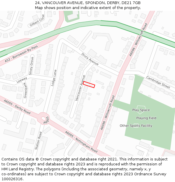 24, VANCOUVER AVENUE, SPONDON, DERBY, DE21 7GB: Location map and indicative extent of plot