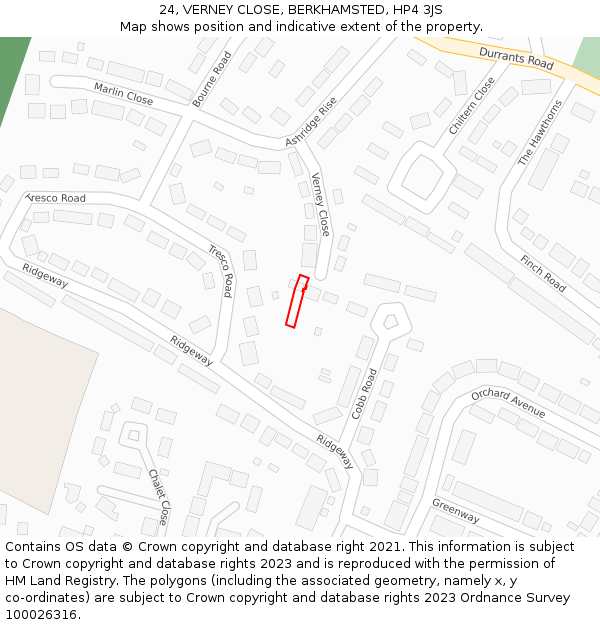 24, VERNEY CLOSE, BERKHAMSTED, HP4 3JS: Location map and indicative extent of plot