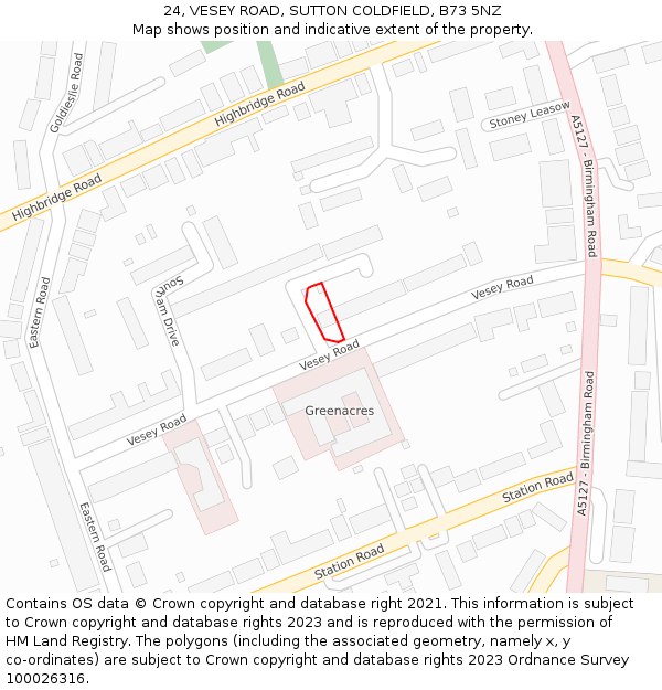 24, VESEY ROAD, SUTTON COLDFIELD, B73 5NZ: Location map and indicative extent of plot