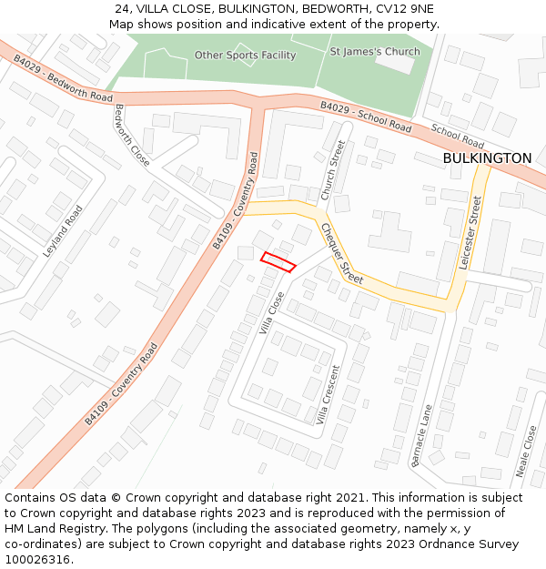 24, VILLA CLOSE, BULKINGTON, BEDWORTH, CV12 9NE: Location map and indicative extent of plot