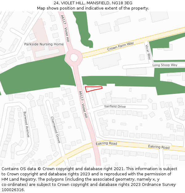 24, VIOLET HILL, MANSFIELD, NG18 3EG: Location map and indicative extent of plot