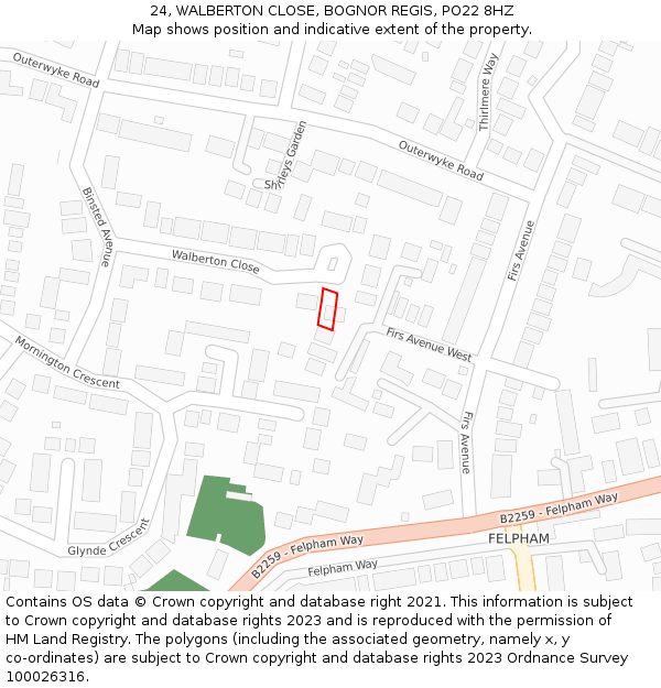 24, WALBERTON CLOSE, BOGNOR REGIS, PO22 8HZ: Location map and indicative extent of plot