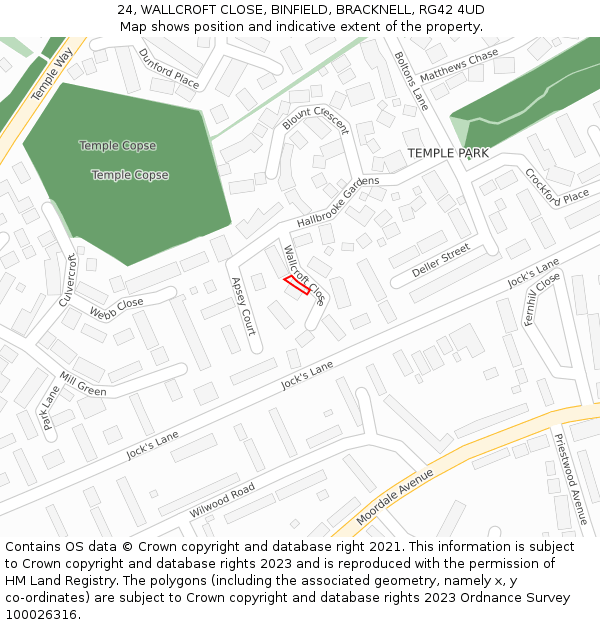 24, WALLCROFT CLOSE, BINFIELD, BRACKNELL, RG42 4UD: Location map and indicative extent of plot