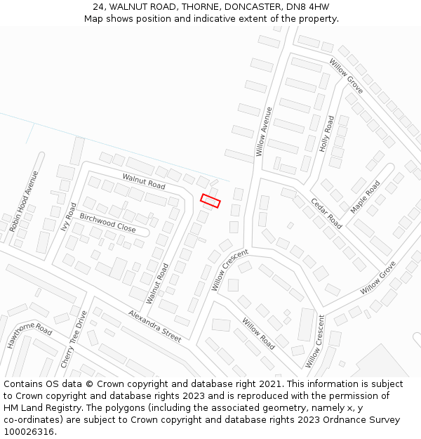 24, WALNUT ROAD, THORNE, DONCASTER, DN8 4HW: Location map and indicative extent of plot
