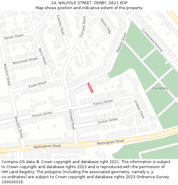 24, WALPOLE STREET, DERBY, DE21 6DP: Location map and indicative extent of plot
