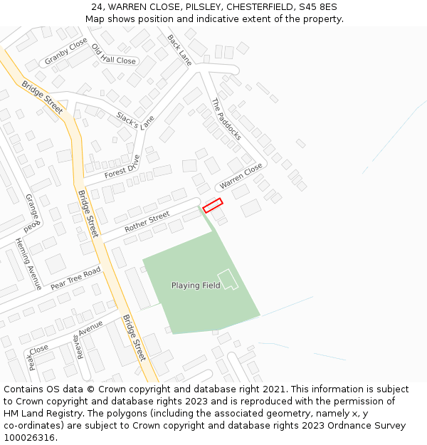 24, WARREN CLOSE, PILSLEY, CHESTERFIELD, S45 8ES: Location map and indicative extent of plot