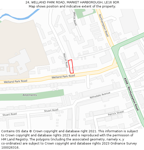 24, WELLAND PARK ROAD, MARKET HARBOROUGH, LE16 9DR: Location map and indicative extent of plot