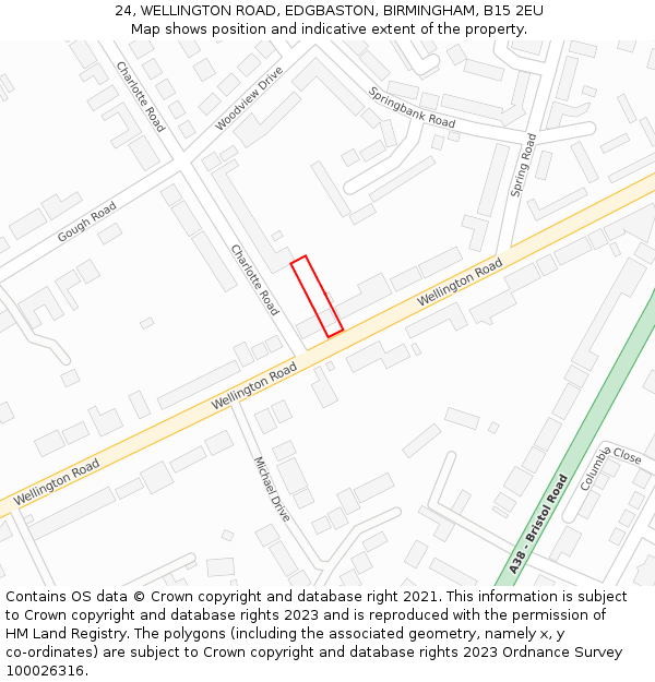 24, WELLINGTON ROAD, EDGBASTON, BIRMINGHAM, B15 2EU: Location map and indicative extent of plot