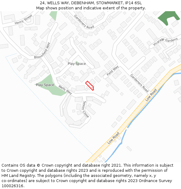 24, WELLS WAY, DEBENHAM, STOWMARKET, IP14 6SL: Location map and indicative extent of plot