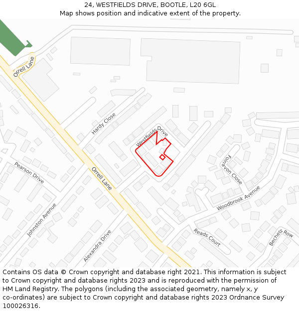 24, WESTFIELDS DRIVE, BOOTLE, L20 6GL: Location map and indicative extent of plot