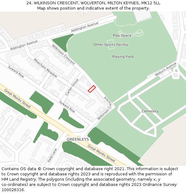 24, WILKINSON CRESCENT, WOLVERTON, MILTON KEYNES, MK12 5LL: Location map and indicative extent of plot
