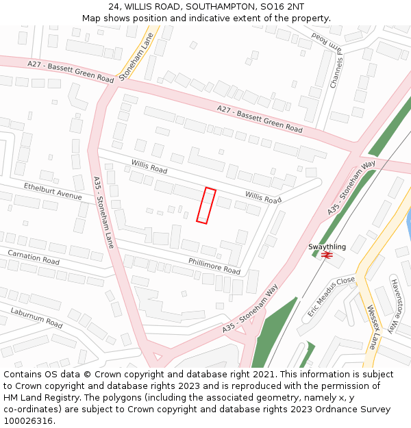 24, WILLIS ROAD, SOUTHAMPTON, SO16 2NT: Location map and indicative extent of plot