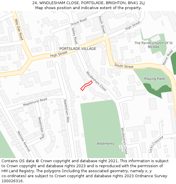 24, WINDLESHAM CLOSE, PORTSLADE, BRIGHTON, BN41 2LJ: Location map and indicative extent of plot