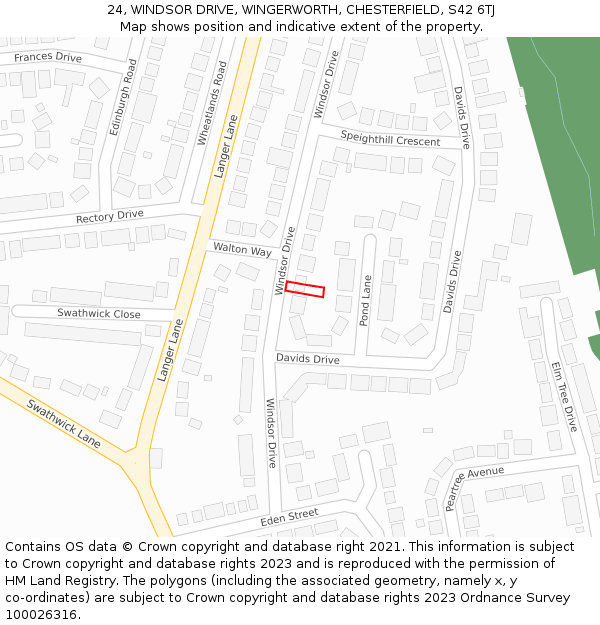 24, WINDSOR DRIVE, WINGERWORTH, CHESTERFIELD, S42 6TJ: Location map and indicative extent of plot