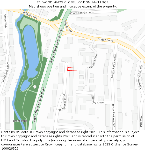 24, WOODLANDS CLOSE, LONDON, NW11 9QR: Location map and indicative extent of plot