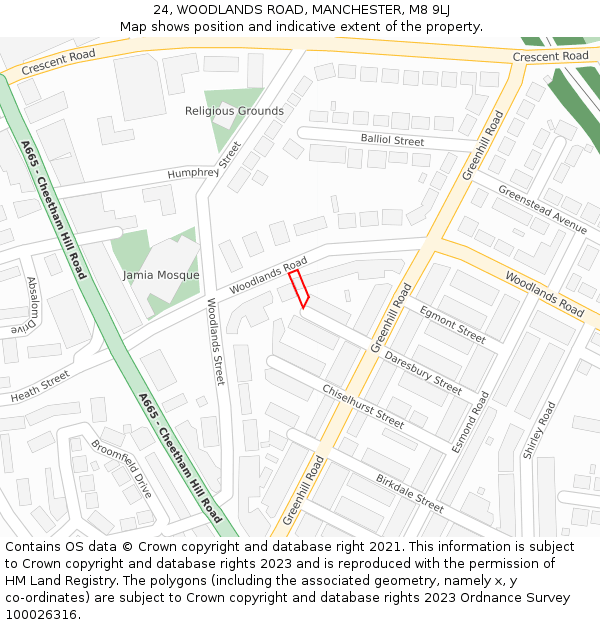 24, WOODLANDS ROAD, MANCHESTER, M8 9LJ: Location map and indicative extent of plot