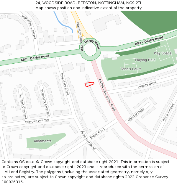 24, WOODSIDE ROAD, BEESTON, NOTTINGHAM, NG9 2TL: Location map and indicative extent of plot