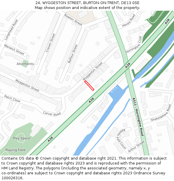 24, WYGGESTON STREET, BURTON-ON-TRENT, DE13 0SE: Location map and indicative extent of plot