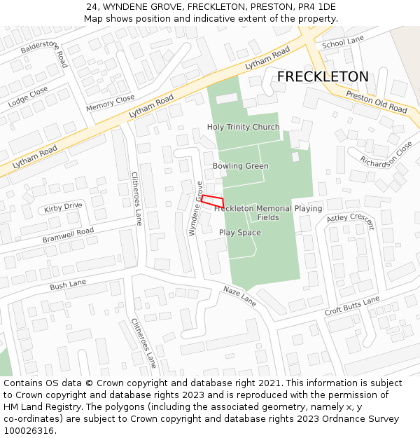 24, WYNDENE GROVE, FRECKLETON, PRESTON, PR4 1DE: Location map and indicative extent of plot