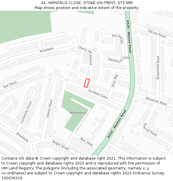 24, YARNFIELD CLOSE, STOKE-ON-TRENT, ST3 6RR: Location map and indicative extent of plot