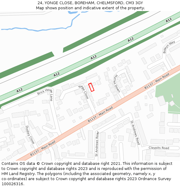 24, YONGE CLOSE, BOREHAM, CHELMSFORD, CM3 3GY: Location map and indicative extent of plot